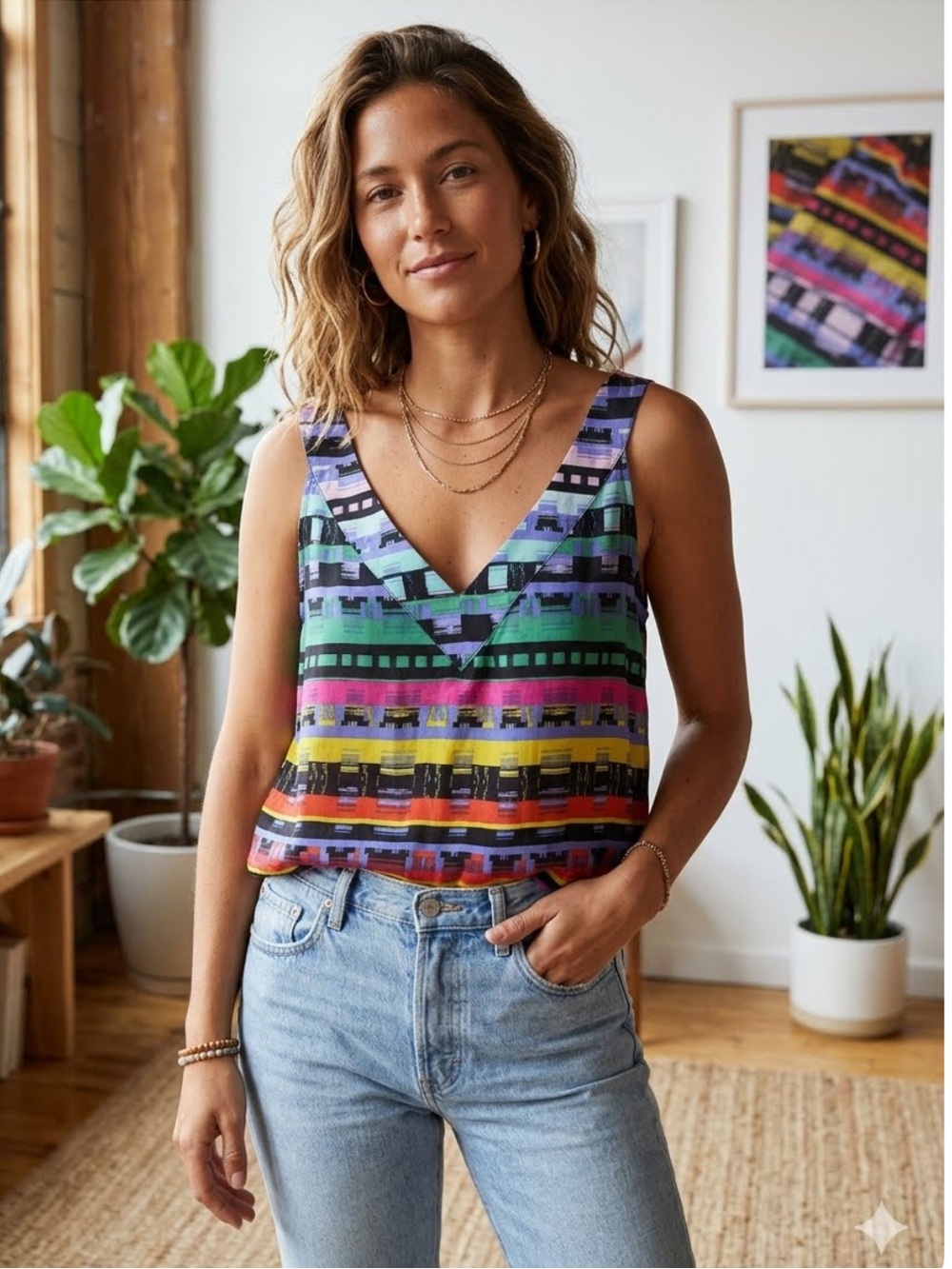 Rory Beca Silk V Neck Top Designer Blouse Retro Vibe Graphic Stripe Popover Y2K